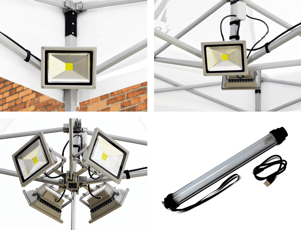 Faltzelte LED Beleuchtung LED-Beleuchtung für Faltzelte, bestehend aus mehreren Scheinwerfern und einer Leuchtstoffröhre mit Kabel.