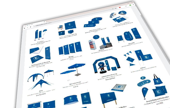 Web Relaunch Neue Artikel Shop Neu Übersicht von Produkten für den Web Relaunch des Neä Artikel Shops, einschließlich Displays, Fahnen und Werbematerialien in Blau.
