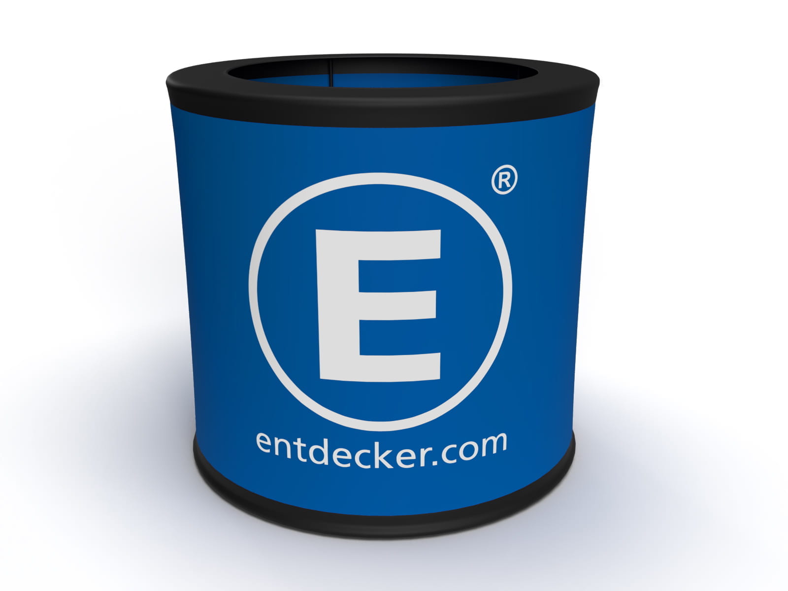 EventBin zusammengefaltet Zusammengefalteter EventBin von ENTDECKER, rund mit blauem und schwarzem Design, auf asphaltierter Fläche.