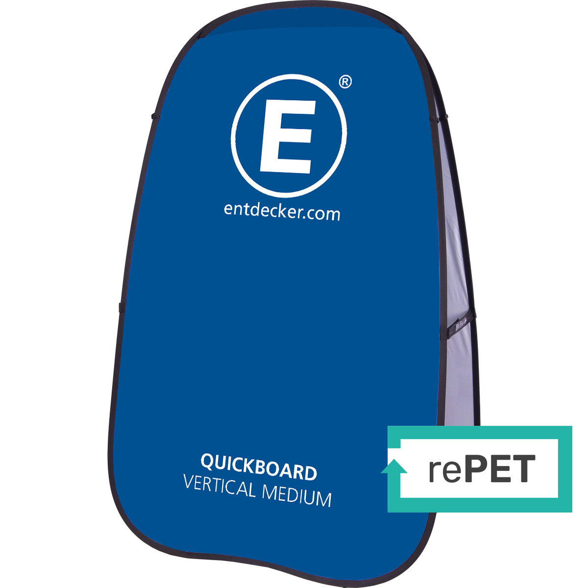 Werbebande Quickboard Vertical Medium von ENTDECKER, blau mit weißem Logo und Text.