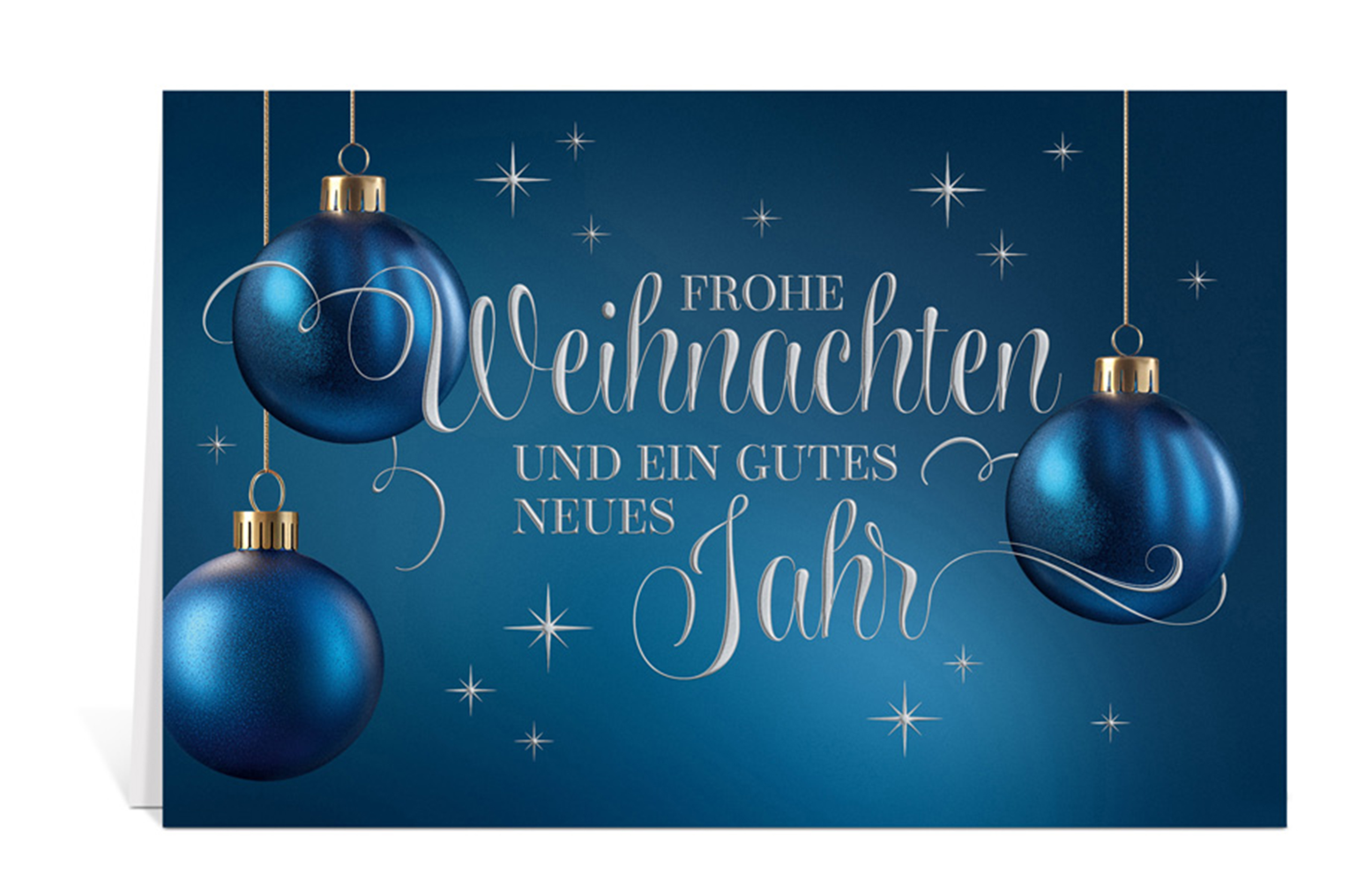 Blaue Weihnachtskarte mit blauen Weihnachtskugeln und dem Text: Frohe Weihnachten und ein gutes neues Jahr