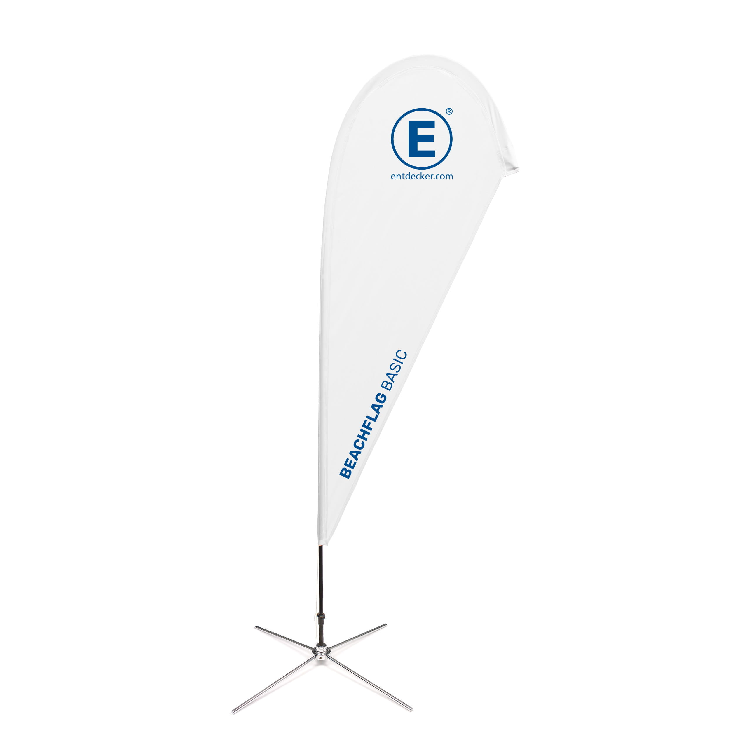 Beachflag Basic Wave Beachflag Basic Wave von ENTDECKER, weiß mit blauem Logo, auf einem stabilen Standfuß.