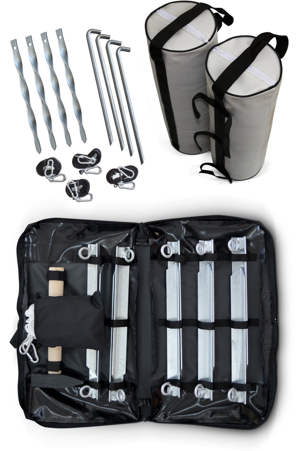 Faltzelte Heringe Sandsack Abspannung Faltzelte Heringe Sandsack Abspannung Set mit Zeltheringen, Sandsäcken, Abspannseilen und einer Tragetasche.