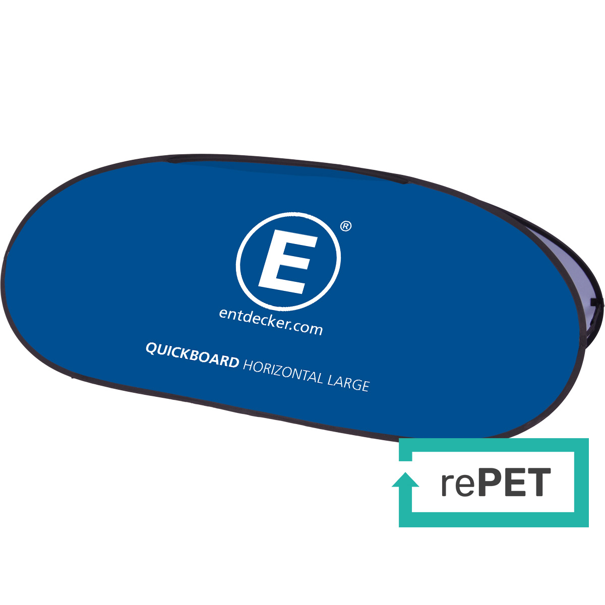 Werbebande Quickboard Horizontal Large von ENTDECKER in Blau mit Logo und Website-Adresse.