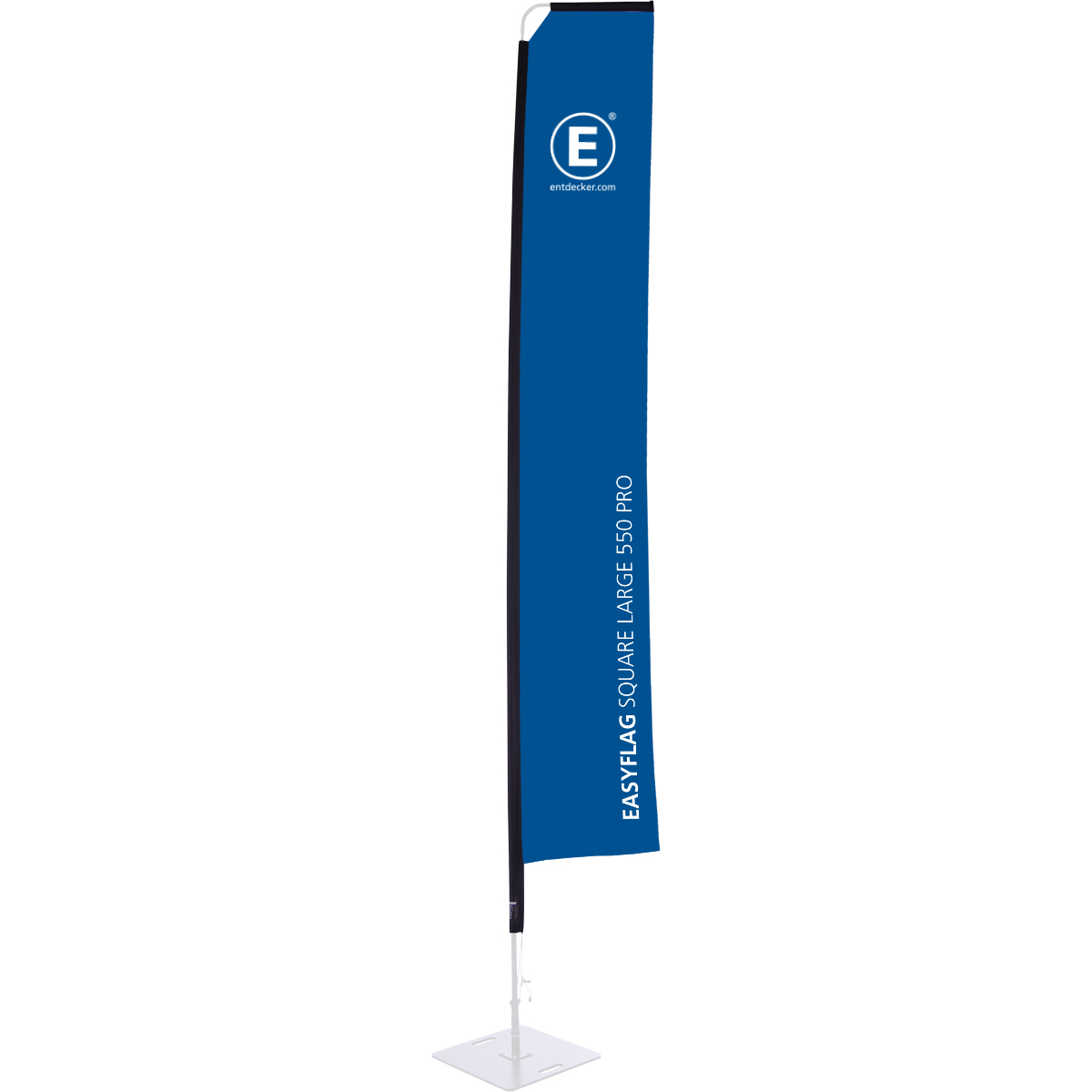 Rechteckige Beachflag von ENTDECKER in Blau mit dem Text EASYFLAG SQUARE MEDIUM 800 und Logo.