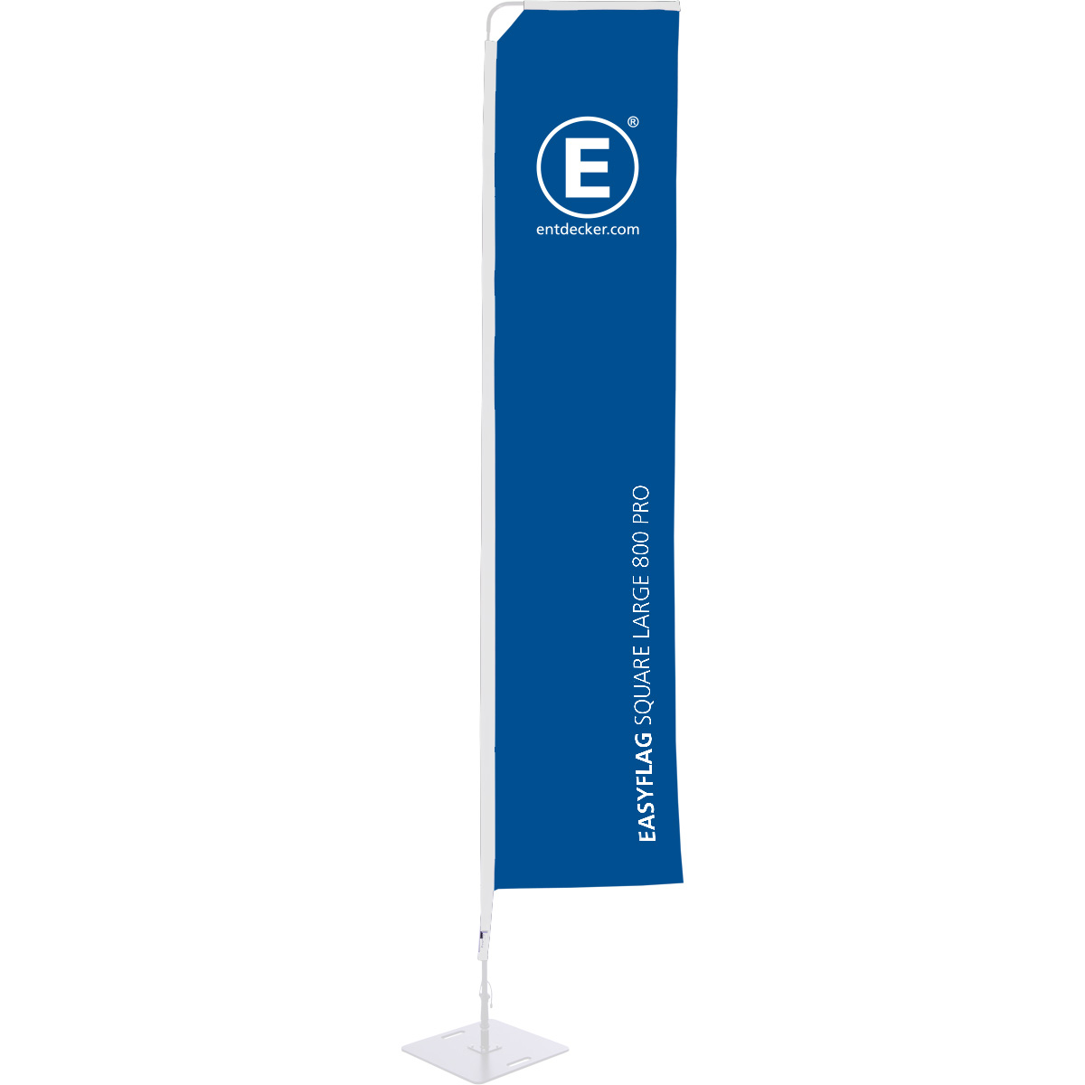 Rechteckige Beachflag von ENTDECKER in Blau mit dem Text EASYFLAG SQUARE MEDIUM 800 und Logo.