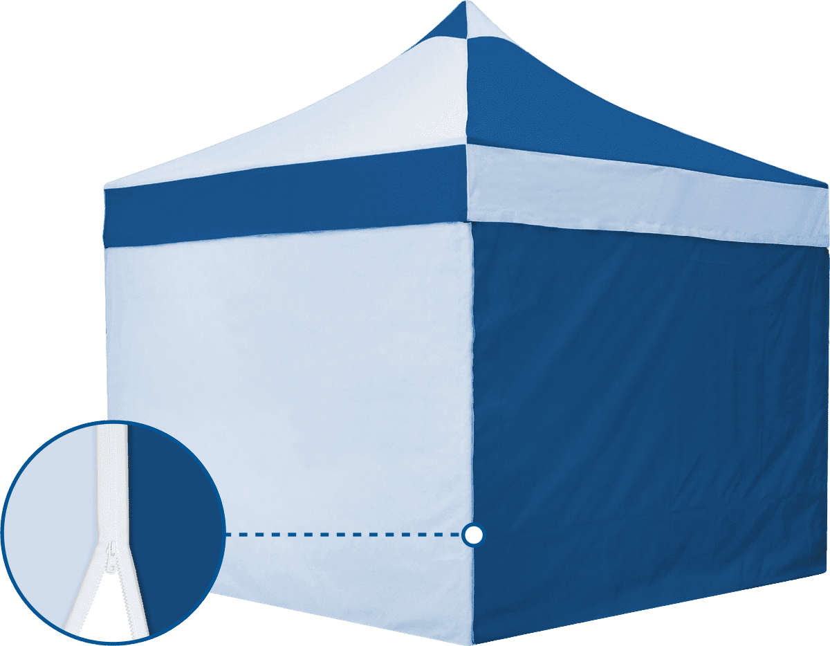 Mt Premium 3x3 wind- und wasserdichter Reißverschluss Das Produkt 'Mt Premium 3X3' ist ein wind- und wasserdichter Reißverschluss für ein blau-weißes Zelt.