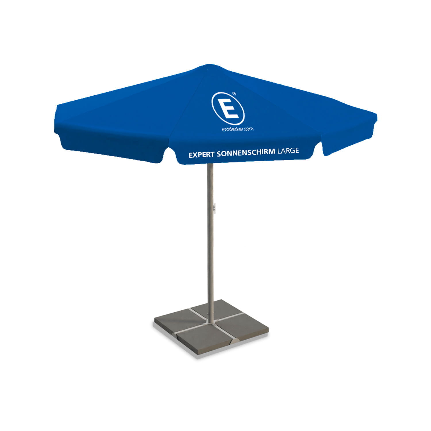 Sonnenschirm bedruckt Profi Gastronomie xLarge Blauer Sonnenschirm mit quadratischer Form, Marke ENTDECKER, für Gastronomie, auf einem stabilen Standfuß.