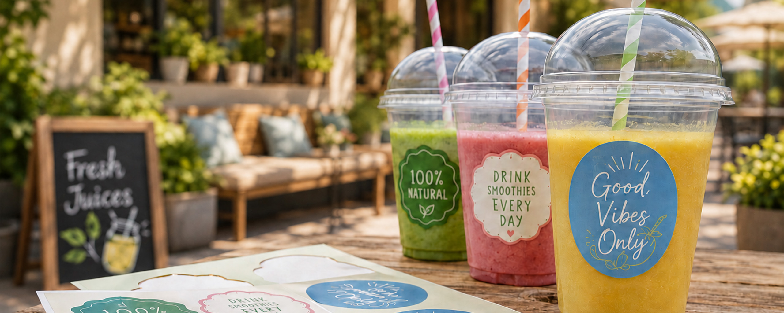 Bunte Etiketten auf Bogen und auf Smoothie-Bechern auf einem Holztisch in einem sommerlichen Café-Ambiente.