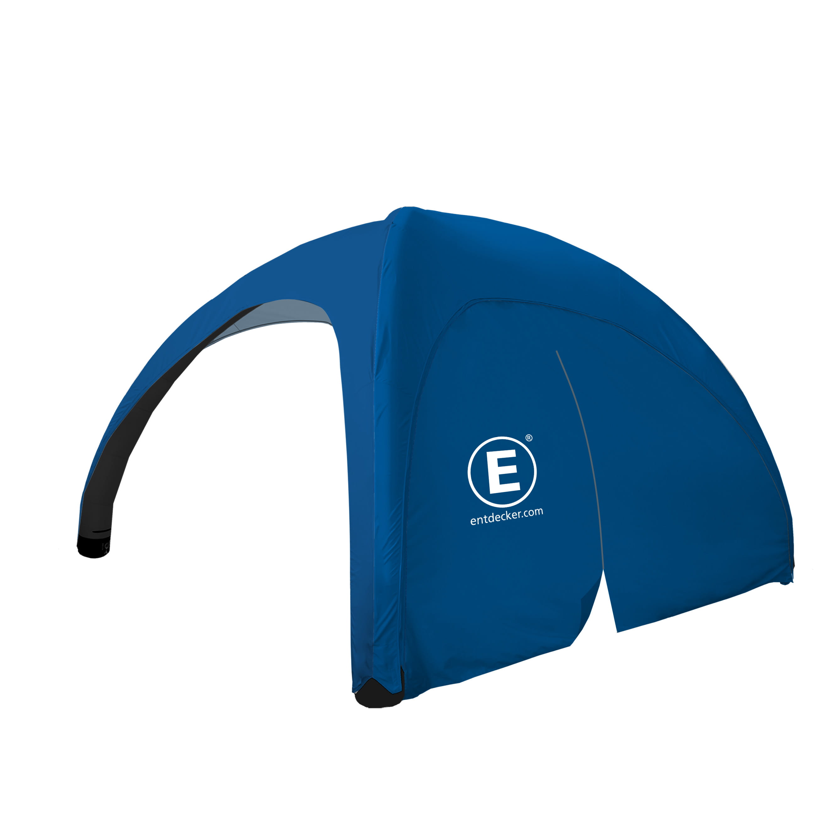 Blaus aufblasbares Zelt mit Seitenwand mit Tür, bedruckt mit Entdecker Logo