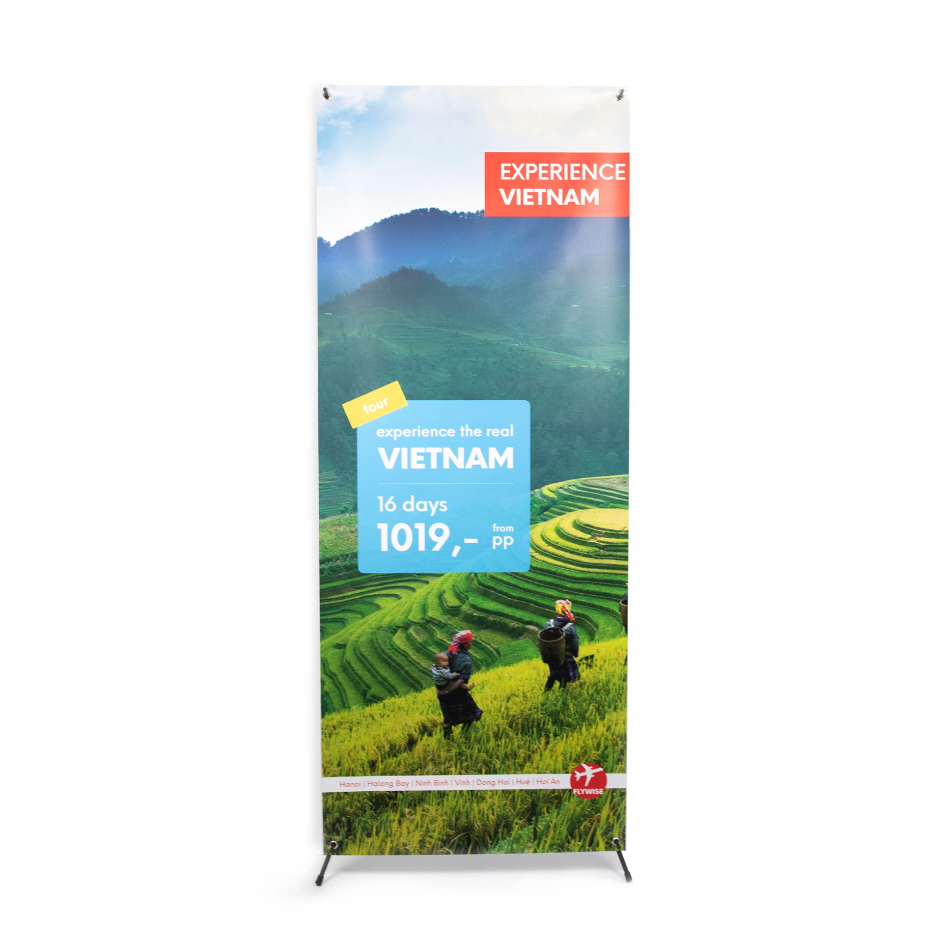 x Banner bedruckt Reise schräg X Banner mit Landschaftsbild von Reisfeldern in Vietnam und Text Experience Vietnam 16 days 1019,-