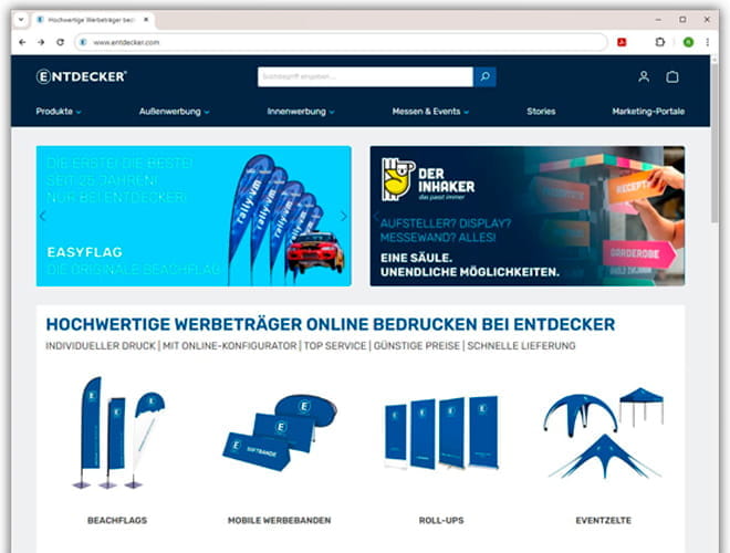 Web Relaunch Neues Design Shop Neu Screenshot der Website von ENTDECKER mit dem Relaunch des Neäs Design Shops, zeigt verschiedene Werbeträger und Produkte.