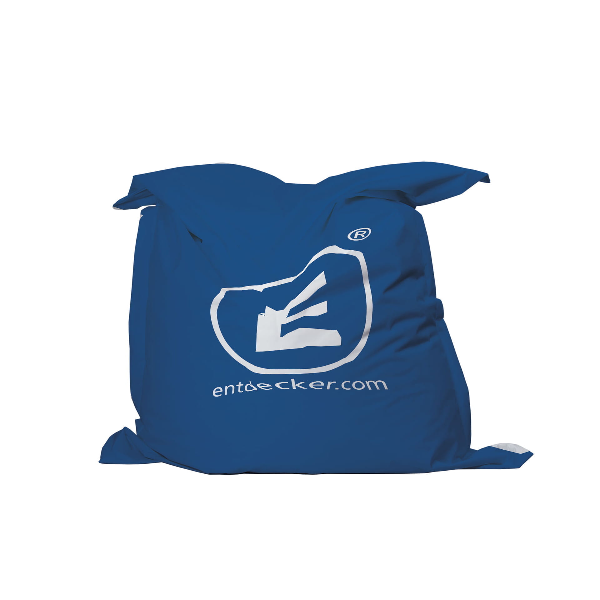Sitzsack bedruckt Blauer Sitzsack mit dem Logo von ENTDECKER und der Website entdecker.com