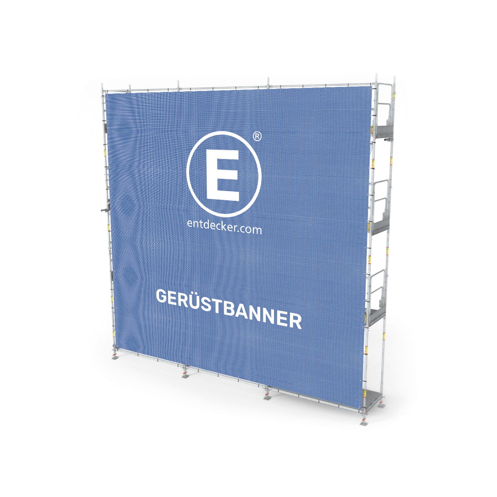 Gerüstbanner Gerüstbanner von ENTDECKER mit blauem Hintergrund und weißem Text GERÜSTBANNER sowie dem Logo E