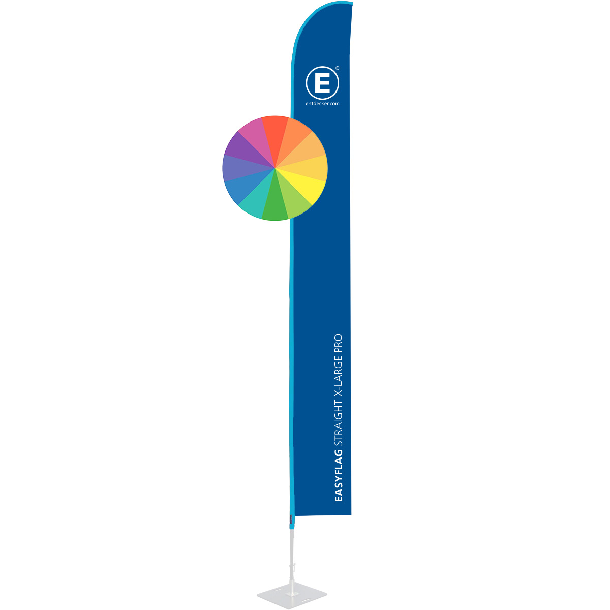 Beachflag in Segelform, einseitig bedruckt, von der Marke ENTDECKER, mit blauem Design und dem Schriftzug EASYFLAG STRAIGHT MEDIUM PRO.
