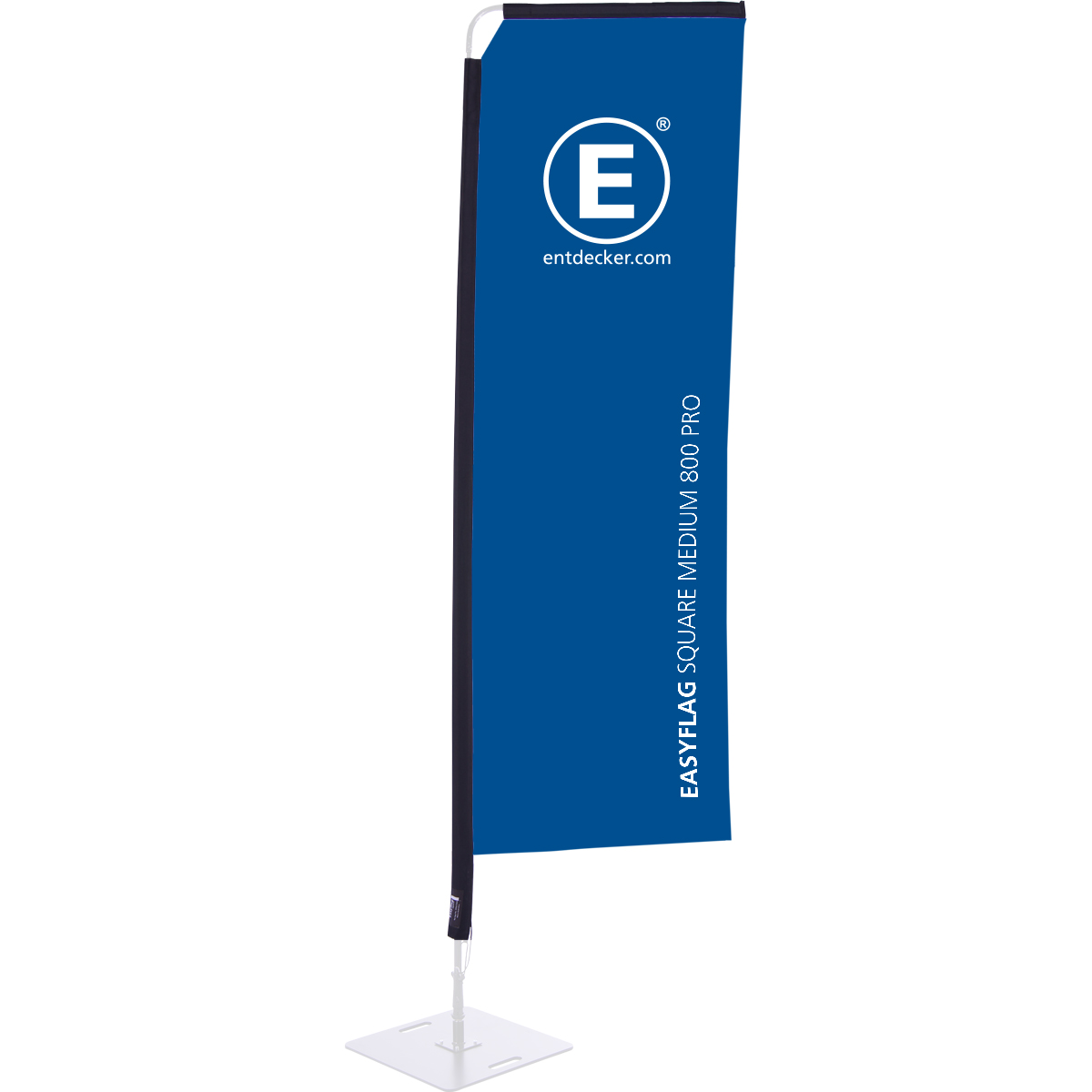 Rechteckige Beachflag von ENTDECKER in Blau mit dem Text EASYFLAG SQUARE MEDIUM 800 und Logo.