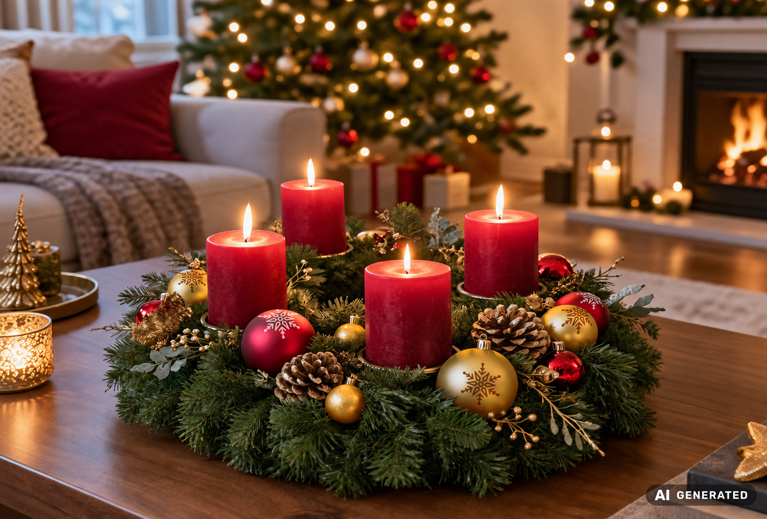 Festlicher Adventskranz mit vier roten Kerzen, goldenen und roten Weihnachtskugeln mit aufgedruckter Schneeflocke sowie Tannenzweigen und Zapfen auf einem Holztisch im weihnachtlich dekorierten Wohnzimmer.