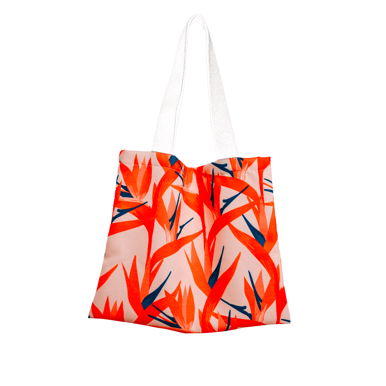 Tragetasche Mit Weitem Griff Tragetasche mit buntem Blumenmuster in Rot- und Orangetönen und weißen Griffen.