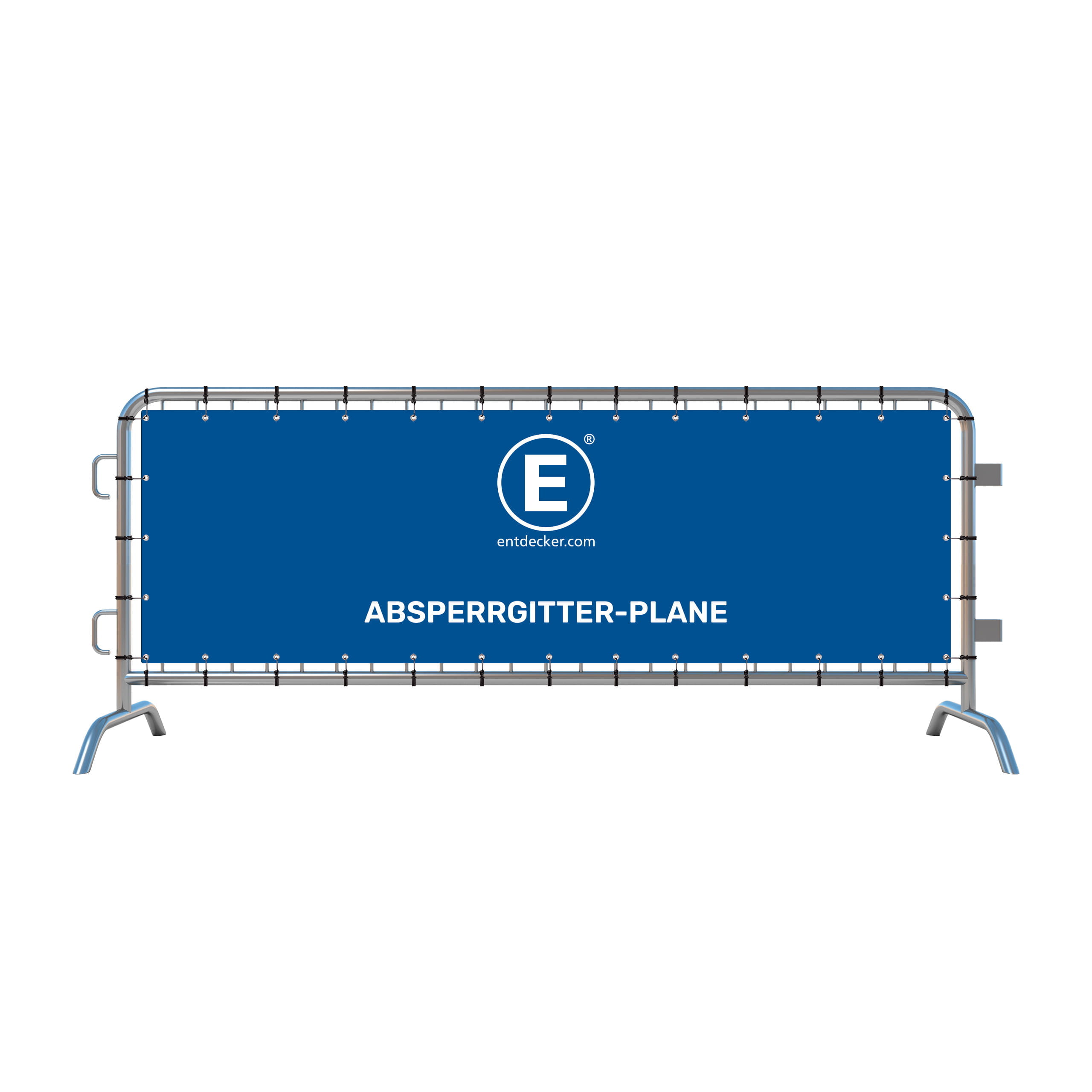 Absperrgitter Plane Stoff einseitig Absperrgitter aus Stoff in Blau mit dem Aufdruck ABSPERRGITTER-PLANE und dem Logo von ENTDECKER.