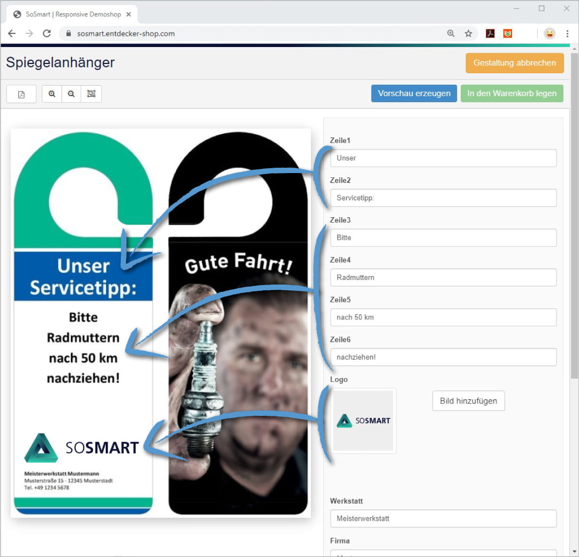 Editor 2 1 1 Zwei Spiegelanhänger mit Servicetipps: links für Radmuttern und rechts mit dem Hinweis 'Gute Fahrt'.