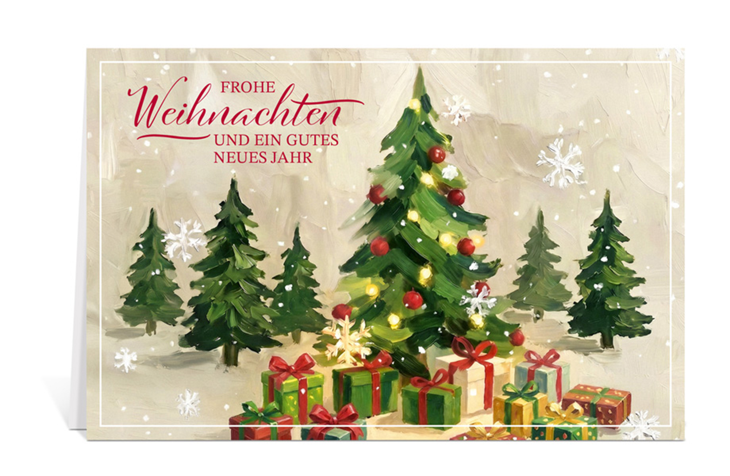 Weihnachtskarte mit einer gemalten Darstellung von Weihnachtsbäumen und Geschenken, dazu der Text: Frohe Weihnachten und ein gutes neues Jahr
