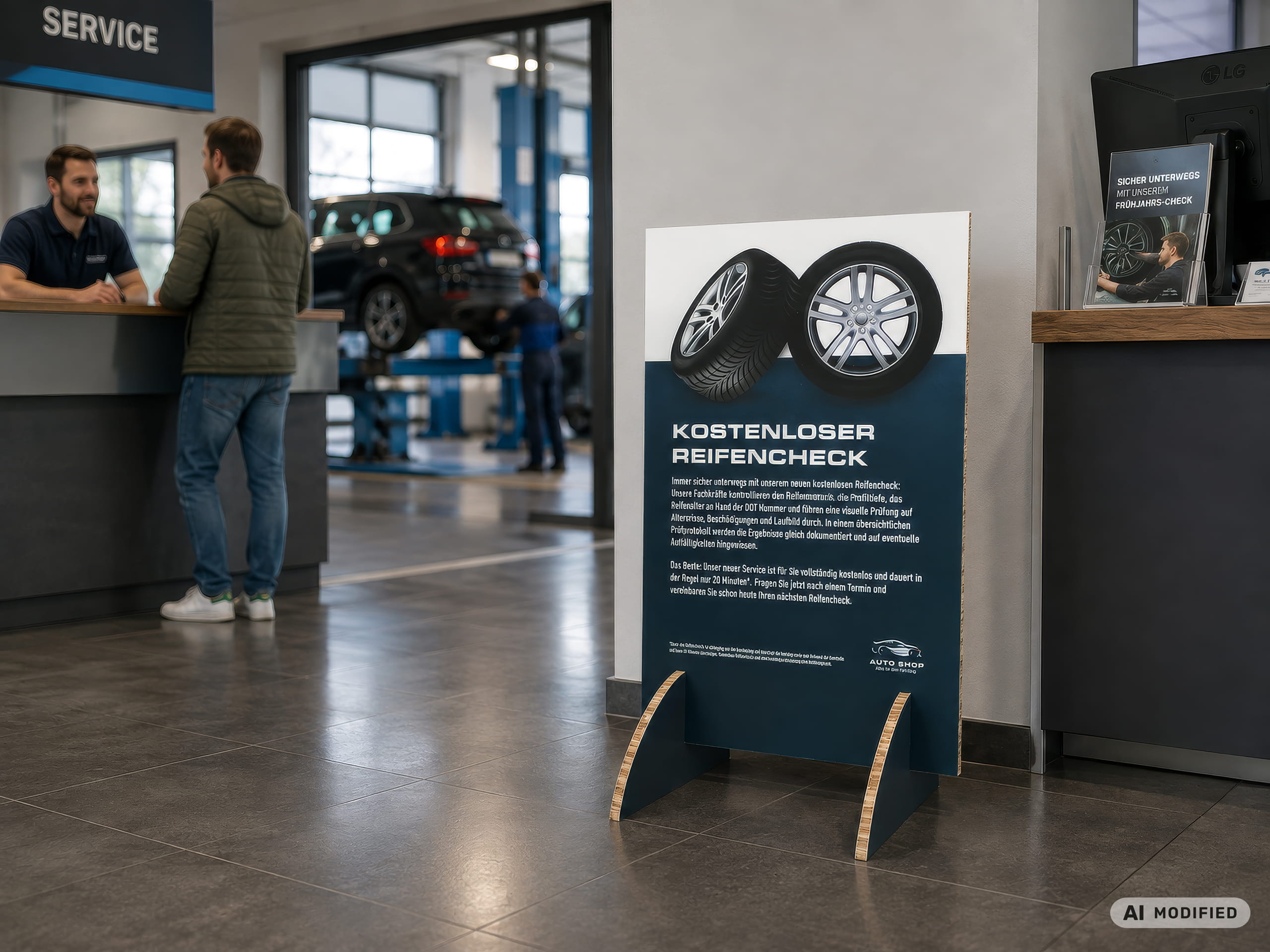 Ein Wabenkarton-Aufsteller mit Werbung für einen kostenlosen Reigencheck steht in einer KFZ-Werkstatt
