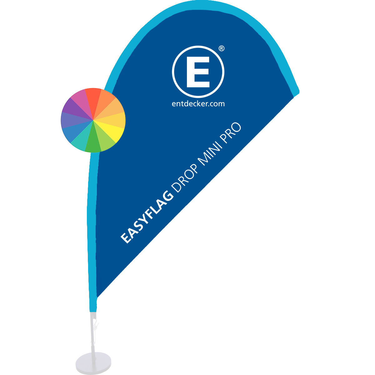 Tischaufsteller Beachflag Easyflag Mini in Blau mit schwarzem Rand, auf einem runden Standfuß.