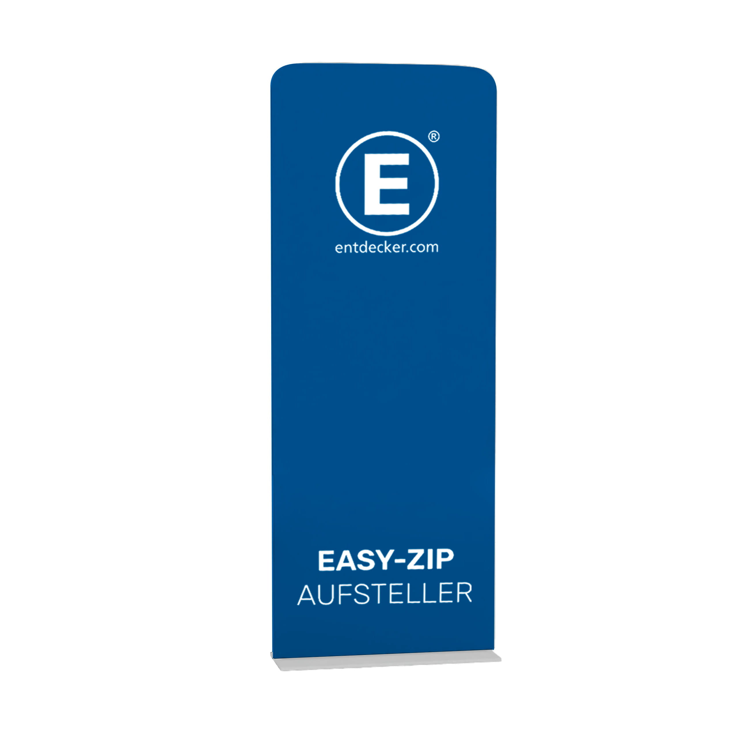 Easy Zip Textilaufsteller Stoff 90 einseitiger Druck Blauer Textilaufsteller mit einseitigem Druck, Marke ENTDECKER, Modell Easy Zip, zeigt ein großes E und den Text EASY-ZIP AUFSTELLER.