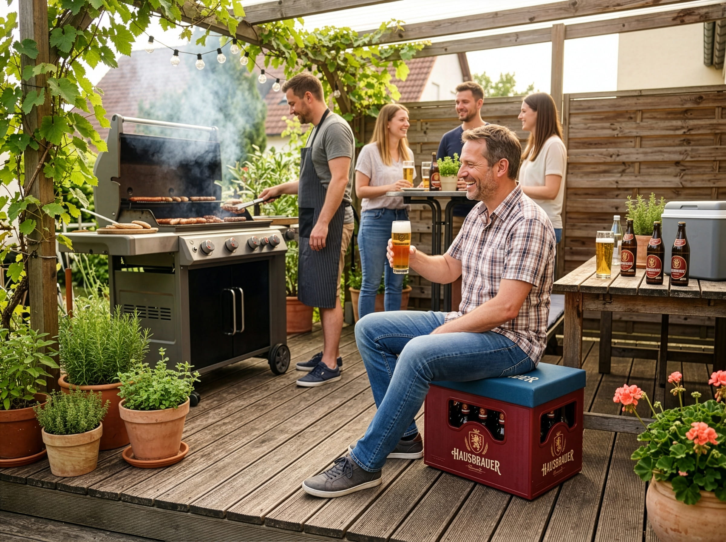 Bierkastensitz Hausbrauer auf einer Terrasse mit Menschen auf einer Grillfeier