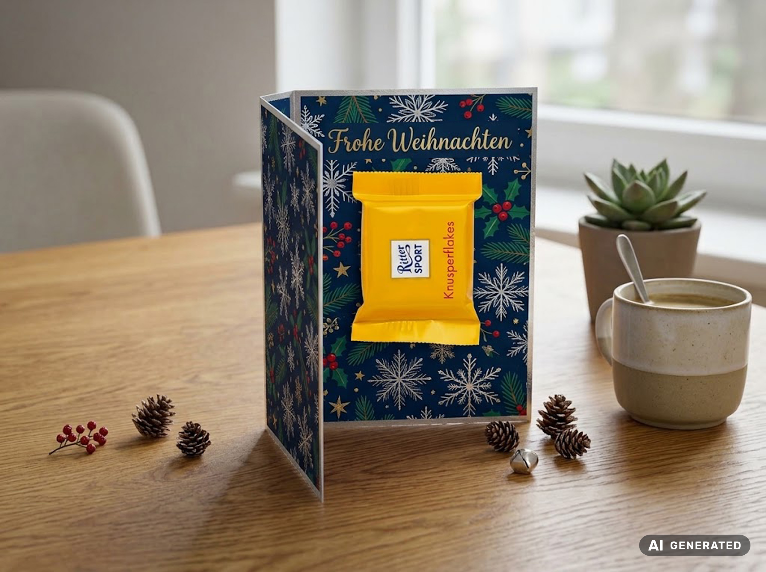 Aufgestellte Weihnachtskarte in Blau mit einem Schneeflocken- und Tannenmotiv und goldfarbenem „Frohe Weihnachten“-Schriftzug, darin eine gelbe Ritter Sport Schokolade.