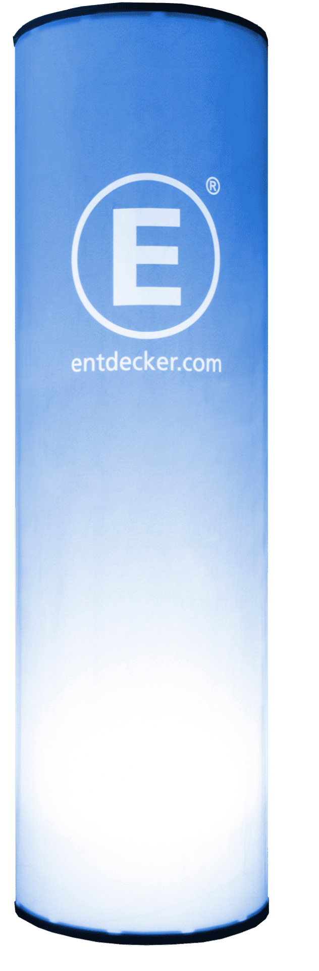 Messestand Easy360 Round Beleuchtet Beleuchteter Messestand mit runder Form, versehen mit dem Logo von ENTDECKER und einer blauen Farbverlauf-Hintergrund.
