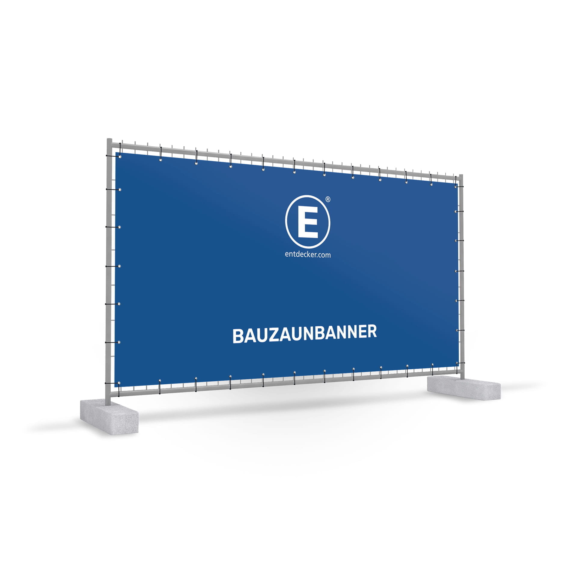 Bauzaunbanner bedruckt Bauzaunbanner in Blau mit weißem Text BAUZAUNBANNER und dem Logo von ENTDECKER.