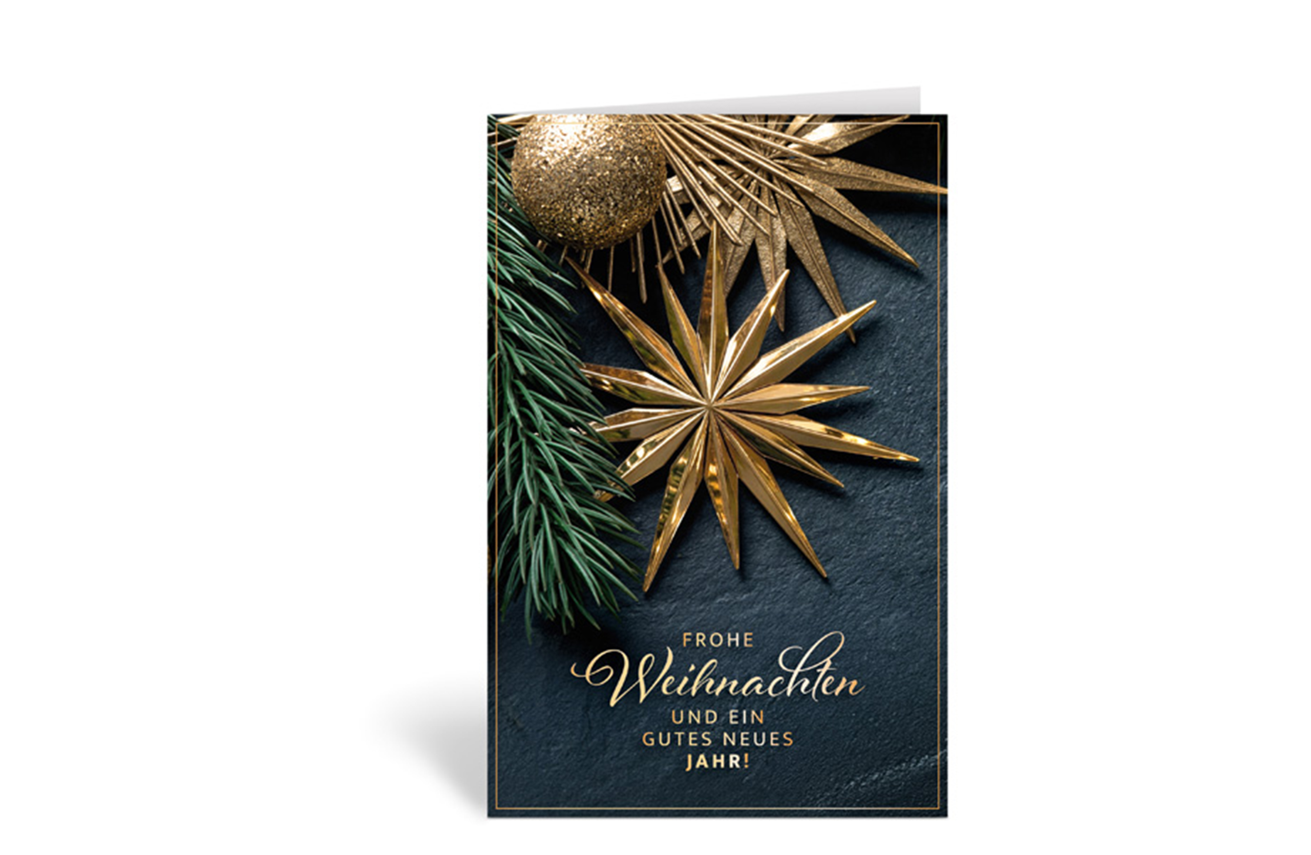 Weihnachtskarte mit Schieferhintergrund, goldenen Stern, Tannenzweig und goldener Christbaumkugel und Text: Frohe Weihnachten und ein gutes neues Jahr