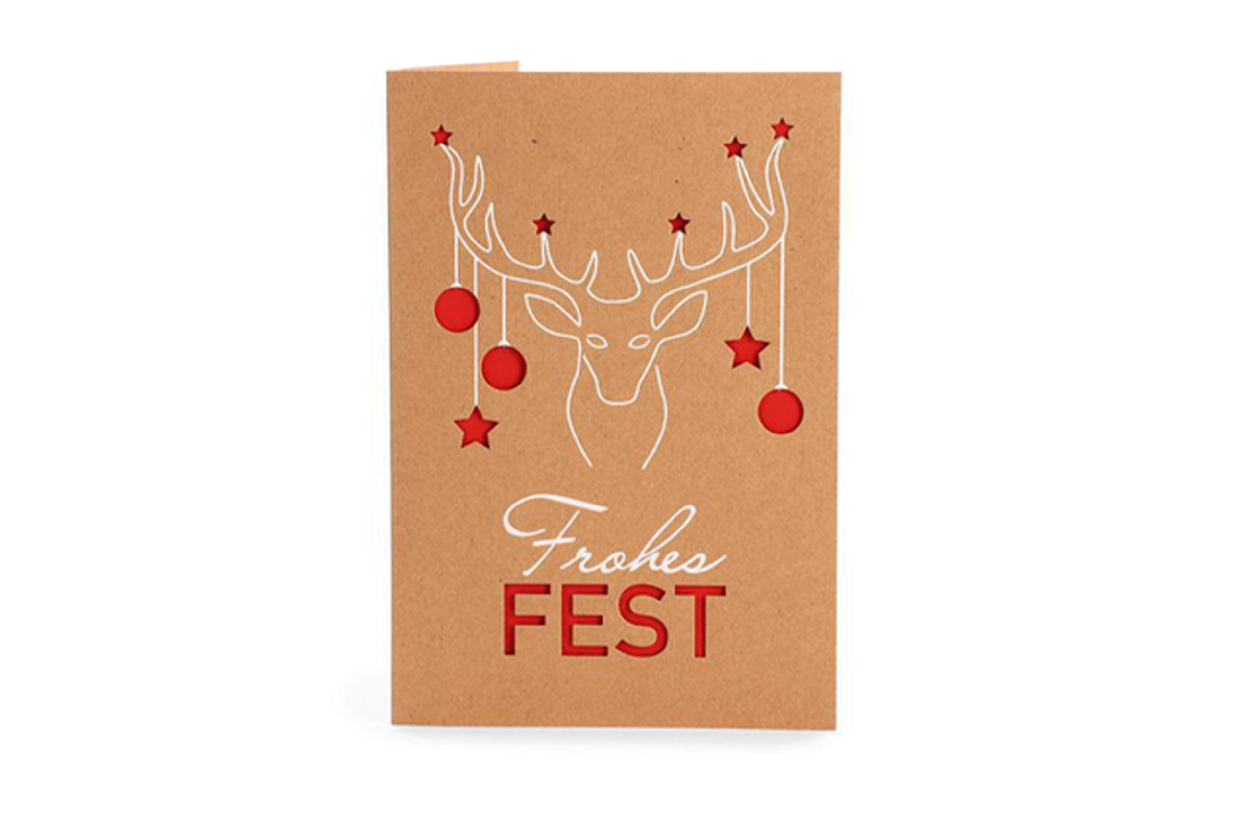 Braune Weihnachtskarte mit einer Silhouette eines Rentiers an dessen Geweih ausgestanzte Kugeln und Sterne hängen, darunter der Text: Frohes Fest. Einlegeblatt rot