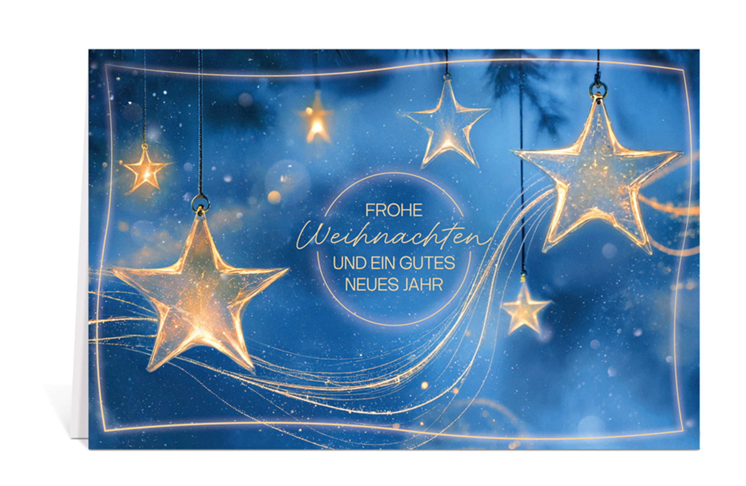 Blaue Weihnachtskarte mit goldenen Sternen und dem Text: Frohe Weihnachten und ein gutes neues Jahr