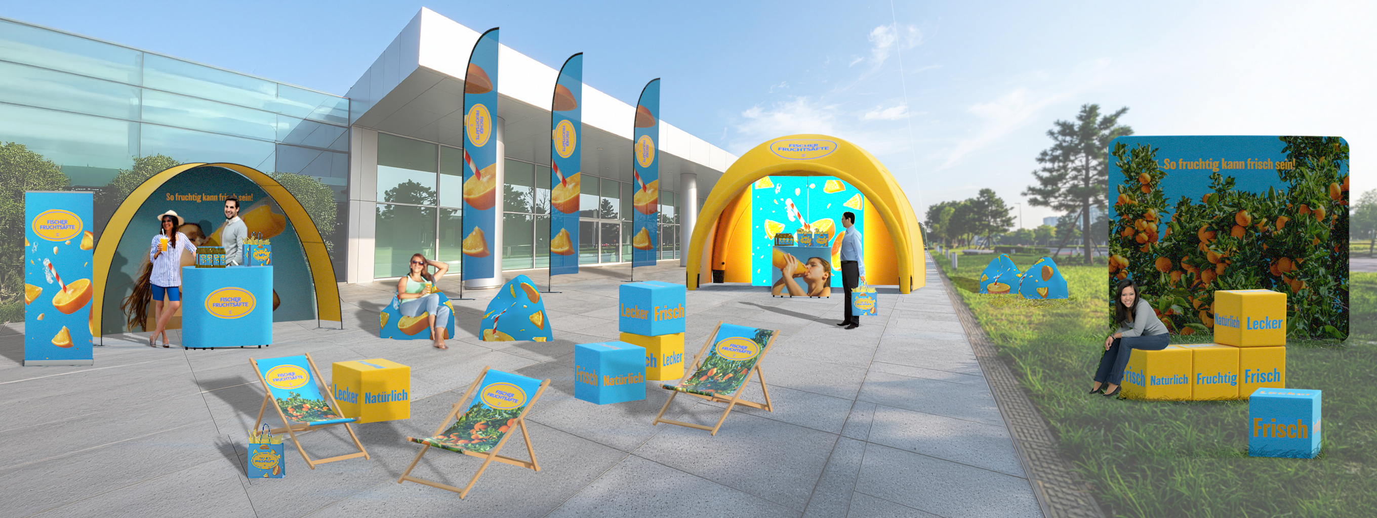 Outdoorevent mit aufblasbarem Zelt, Liegestühlen, SItzwürfeln, einer Messewand, Fahnen und diversen Besuchen