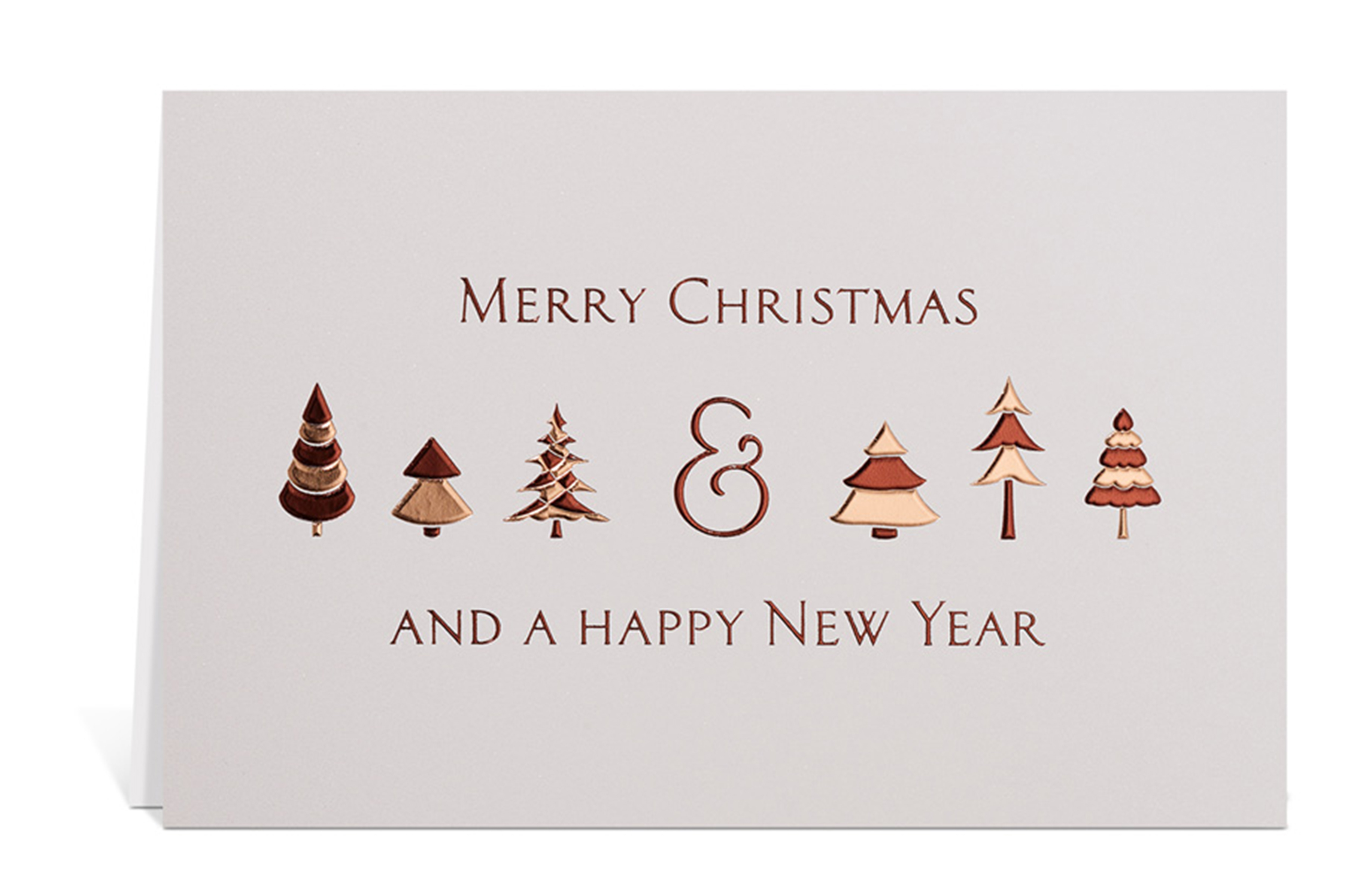 Helle Weihnachtskarte mit kupferfarbenen Tannenbäumen und dem Text: Merry Christmas & A Happy New Year