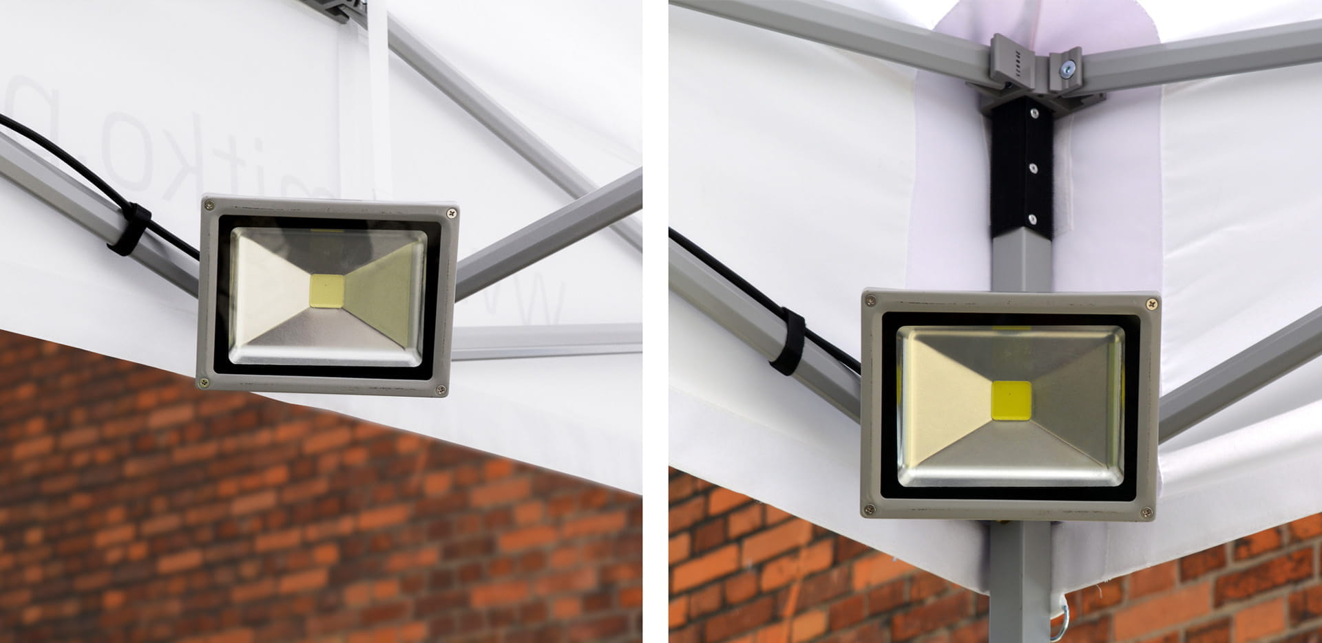 Faltzelt LED Strahler Easy Hold 1er LED-Strahler mit silbernem Gehäuse und schwarzem Kabel, geeignet für Faltzelte.