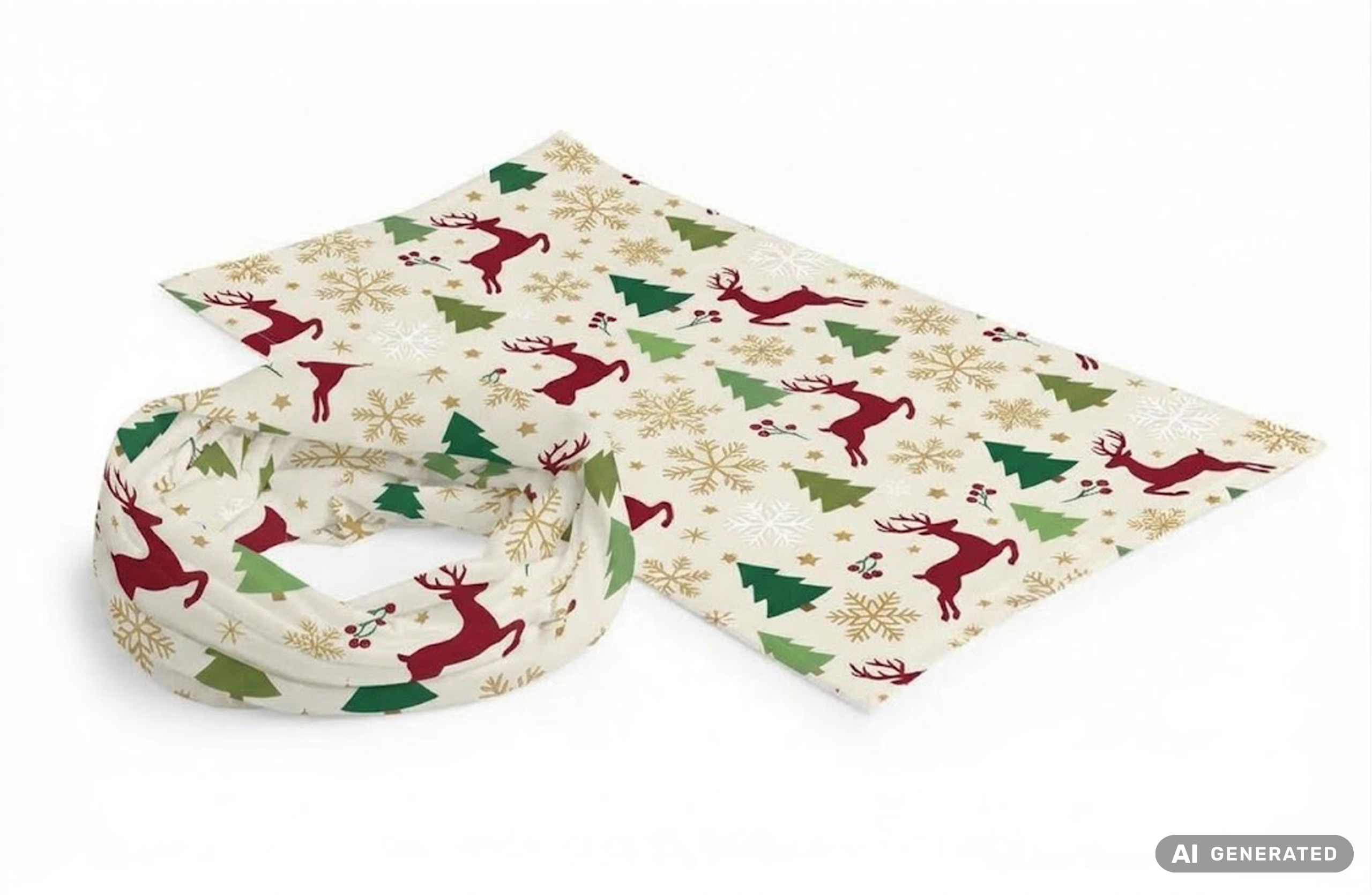 Weihnachtliches Multifunktionstuch in Beige mit Rentieren, Tannenbäumen, Schneeflocken und Sternen in Rot, Grün, Gold und Weiß, als Schlauchschal geformt und daneben flach ausgelegt.