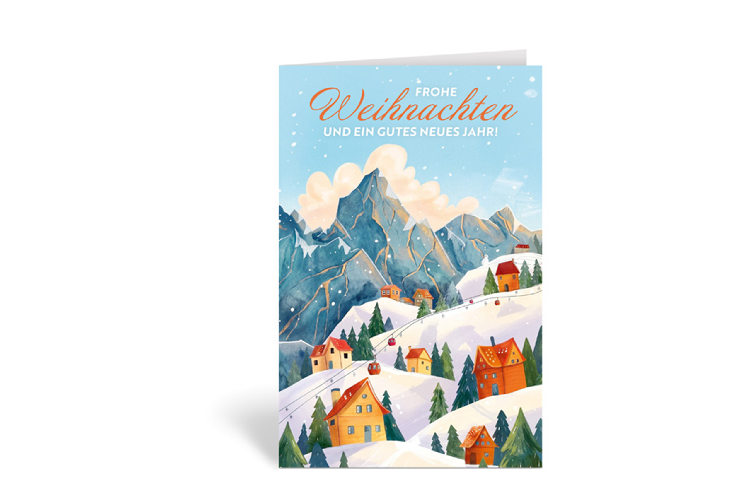 Weihnachtskarte mit einem gemalten, verschneiten Dorf in den Bergen und der Aufschrift: Frohe Weihnachten und ein gutes neues Jahr
