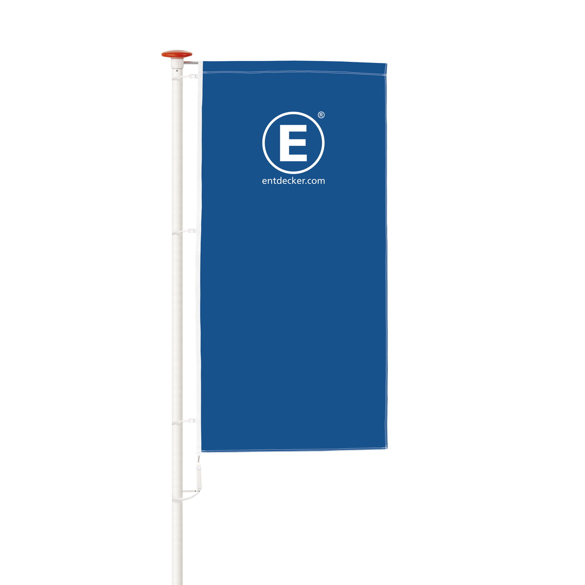 Fahne im Wunschformat hochformatig bedruckt Hochformatige Fahne in Blau mit dem Logo von ENTDECKER und der Website entdecker.com.