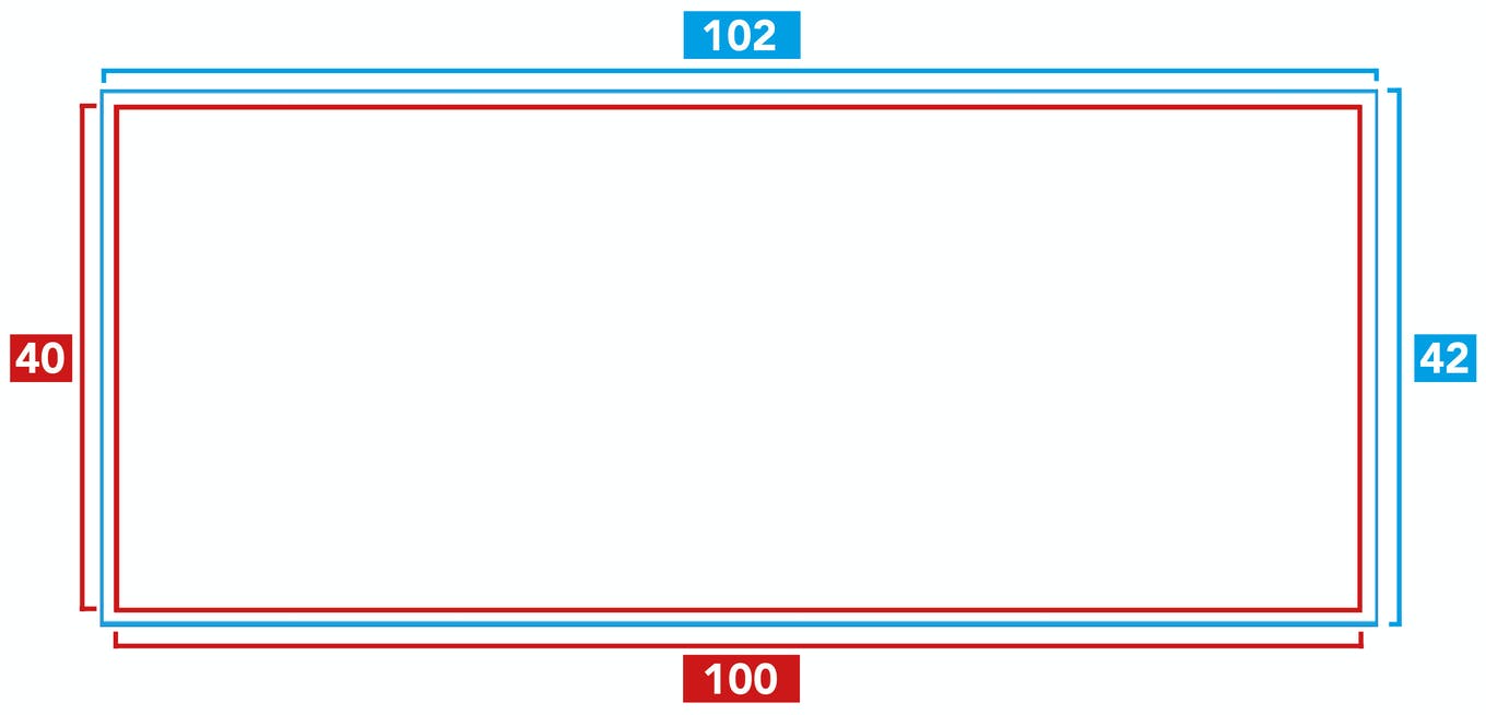 Formatieren von Beschnitt bei Fräsbuchstaben Diagramm zur Formatierung von Beschnitt bei Fräsbuchstaben mit Maßen: 102 mm, 100 mm, 42 mm, 40 mm.