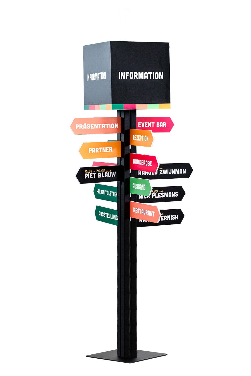 Inhaker Wegweiser Wegweiser mit verschiedenen Richtungsanzeigen für Veranstaltungen, darunter 'Präsentation', 'Event Bar', 'Partner', 'Garderobe', 'Restaurant' und mehr.