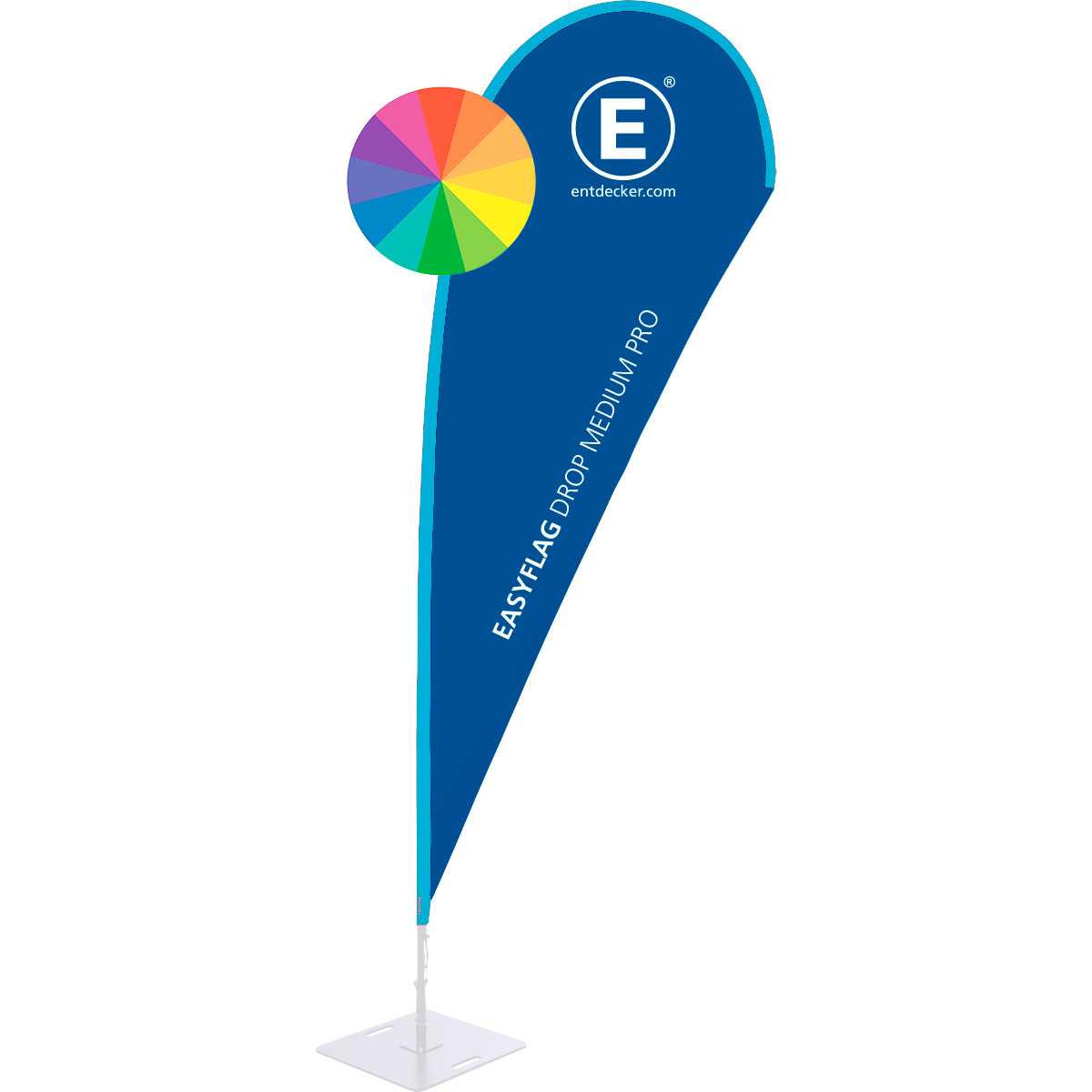 Beachflag in Tropfenform von ENTDECKER, einseitig bedruckt, blaue Farbe, mittlere Größe.