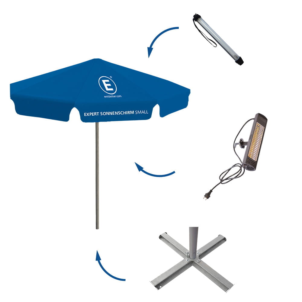Expert Sonnenschirm Zubehör Produkt: Expert Sonnenschirm Zubehör, enthält einen blauen Sonnenschirm, einen Ständer, einen Heizstrahler und ein Kabel.