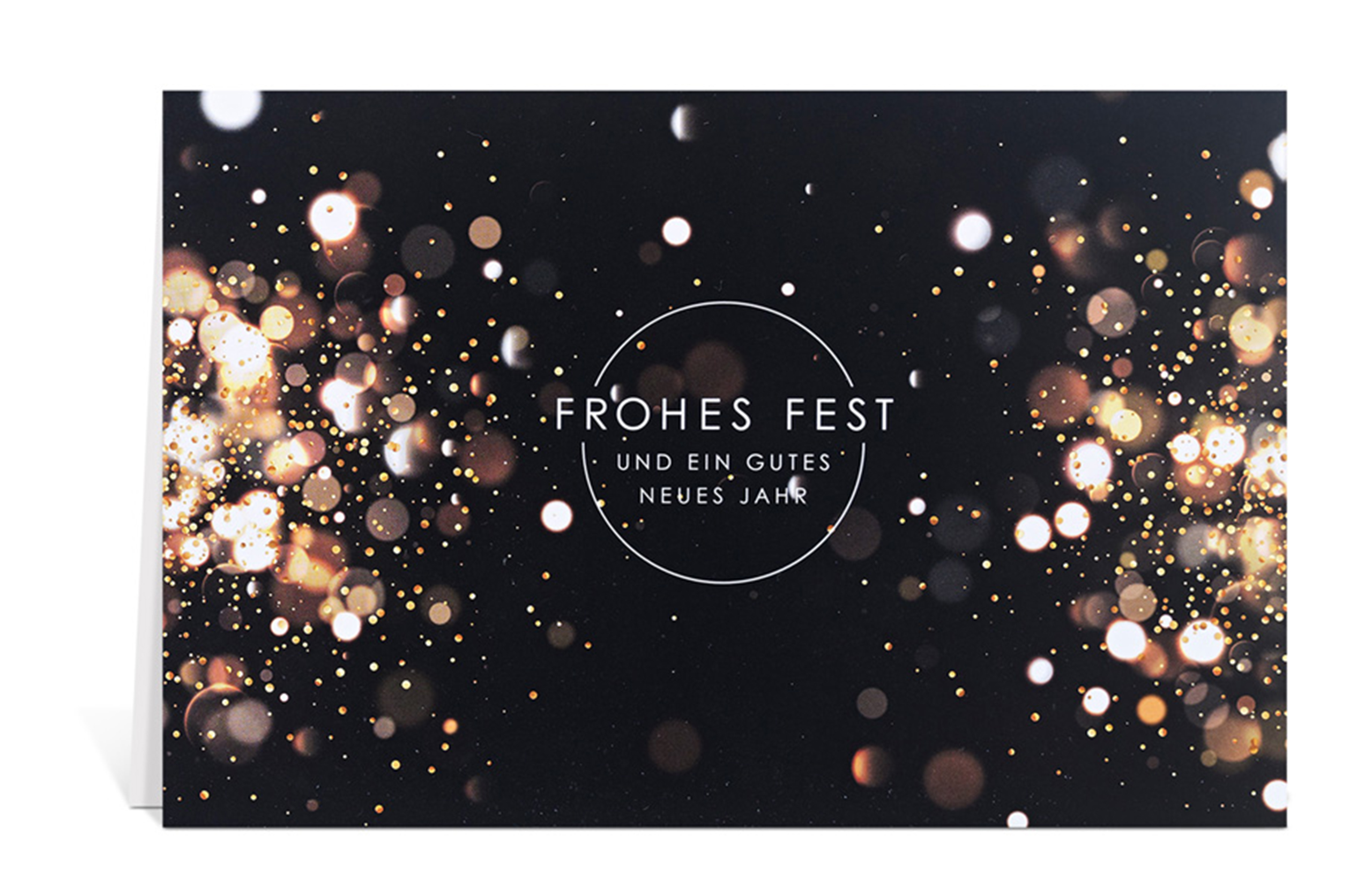 Schwarze Weihnachtskarte mit goldenem Bokeh rechts und links, in der Mitte ein weißer Kreis mit dem Text: Frohes Fest und ein gutes neues Jahr
