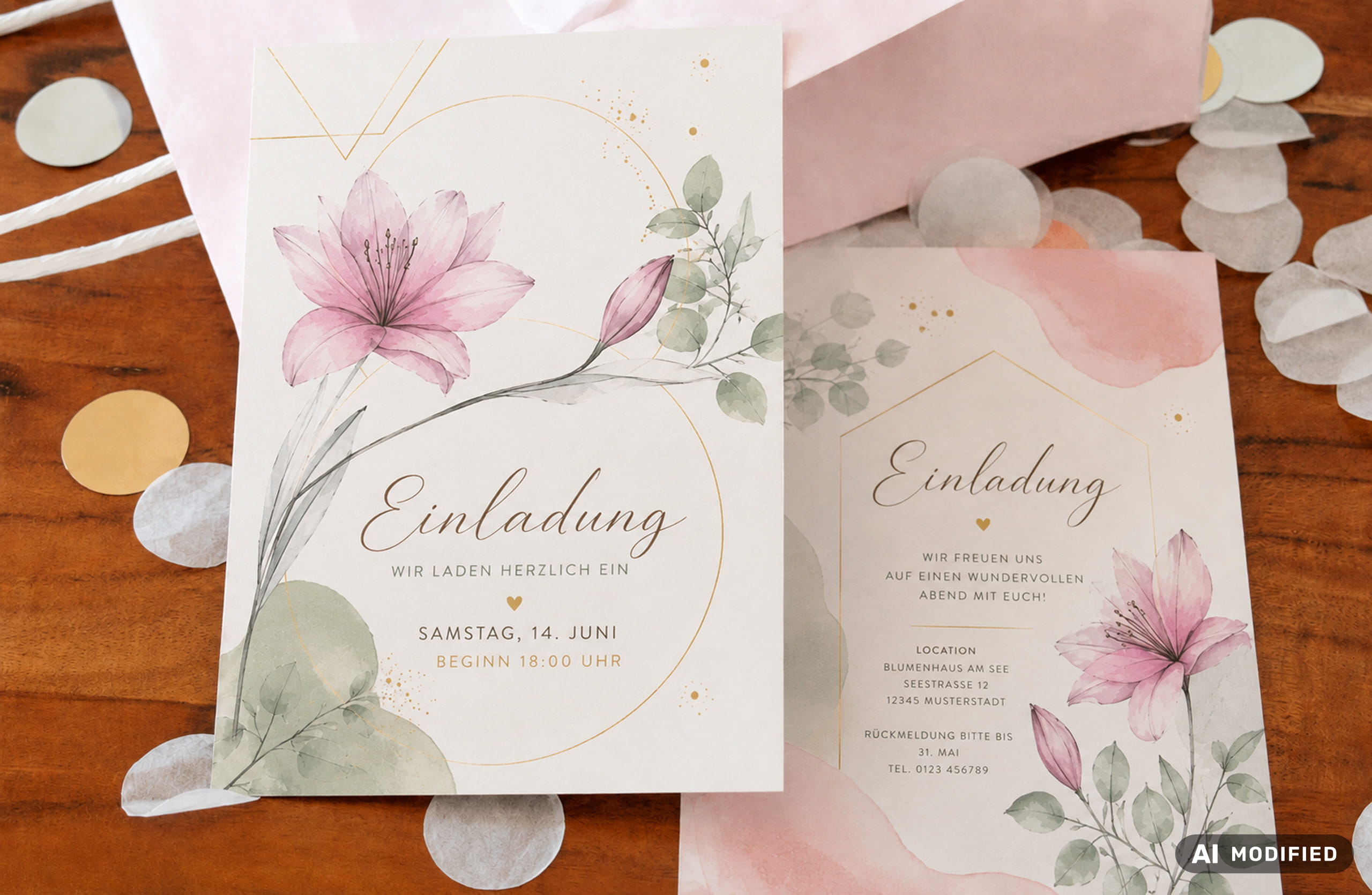 Zwei elegante Einladungskarten mit floralen Aquarellmotiven auf einer Holzoberfläche, umgeben Konfetti
