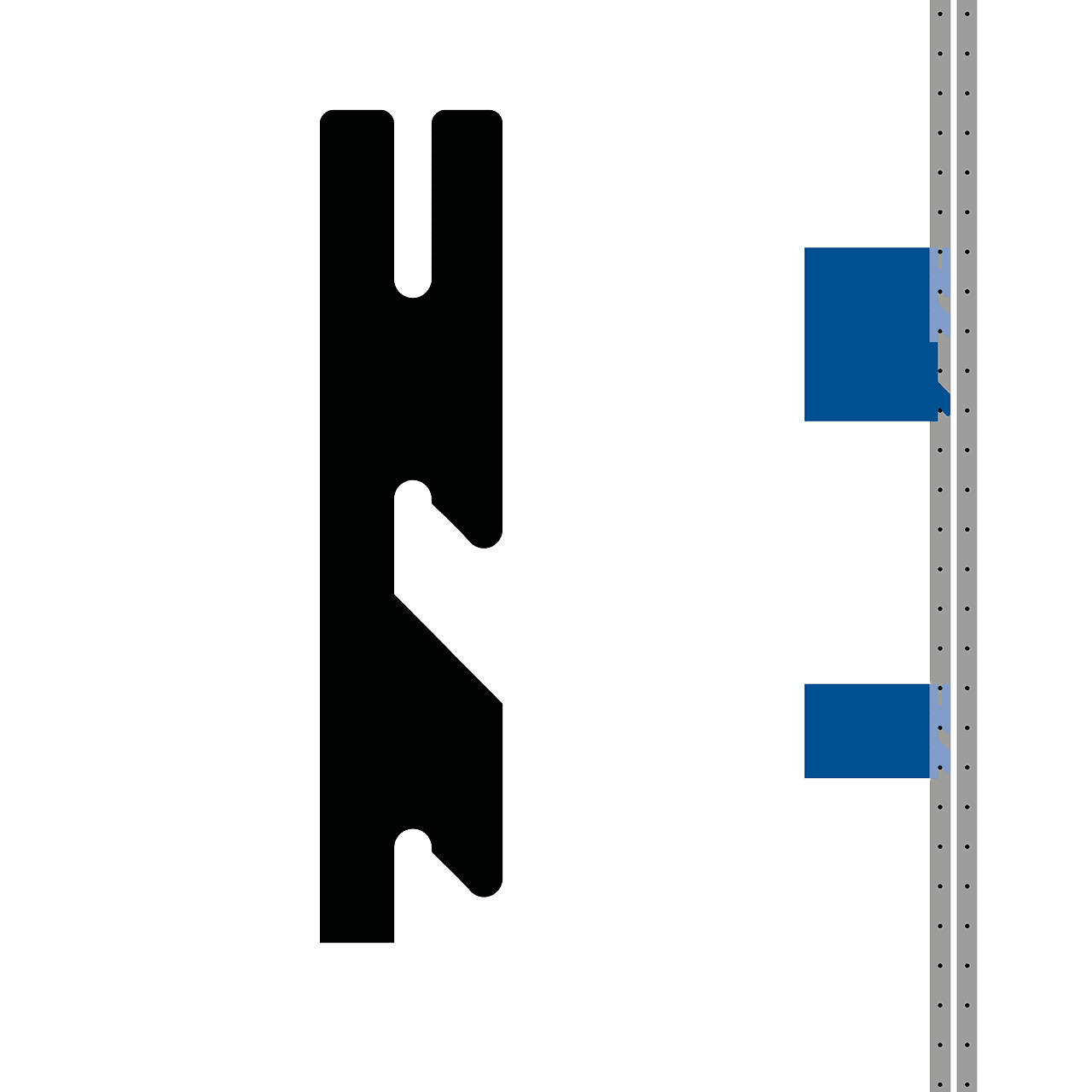 Stoßfester Haken groß Großer, stoßfester Haken von ENTDECKER, montiert an einem perforierten Trägersystem, mit blauen Halterungen.