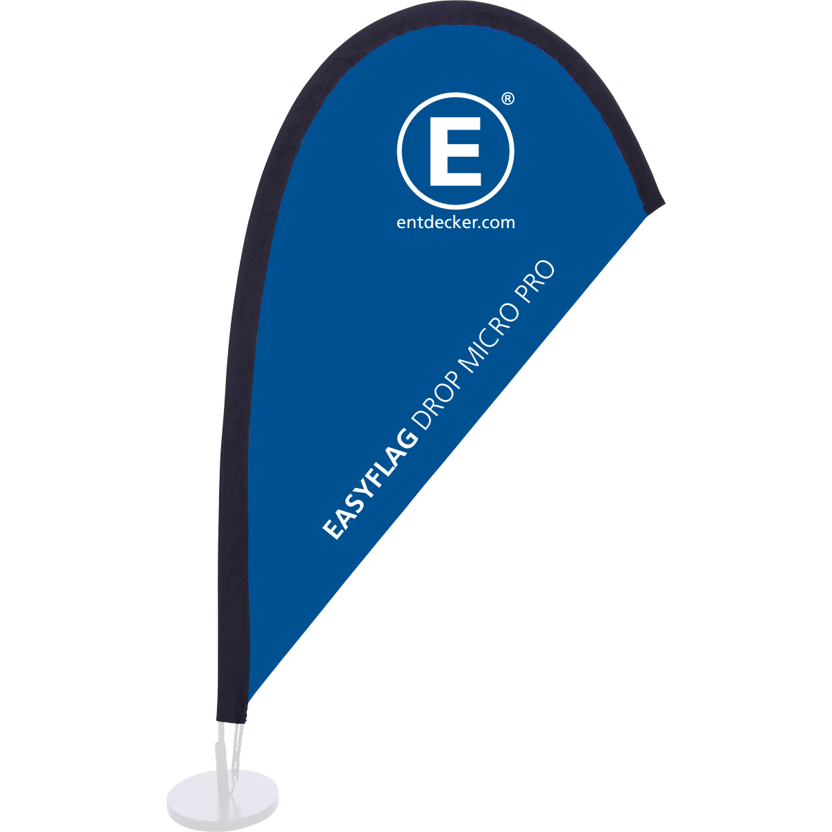 Tischaufsteller Beachflag Easyflag Micro in Blau mit schwarzem Rand, auf einem runden Sockel.