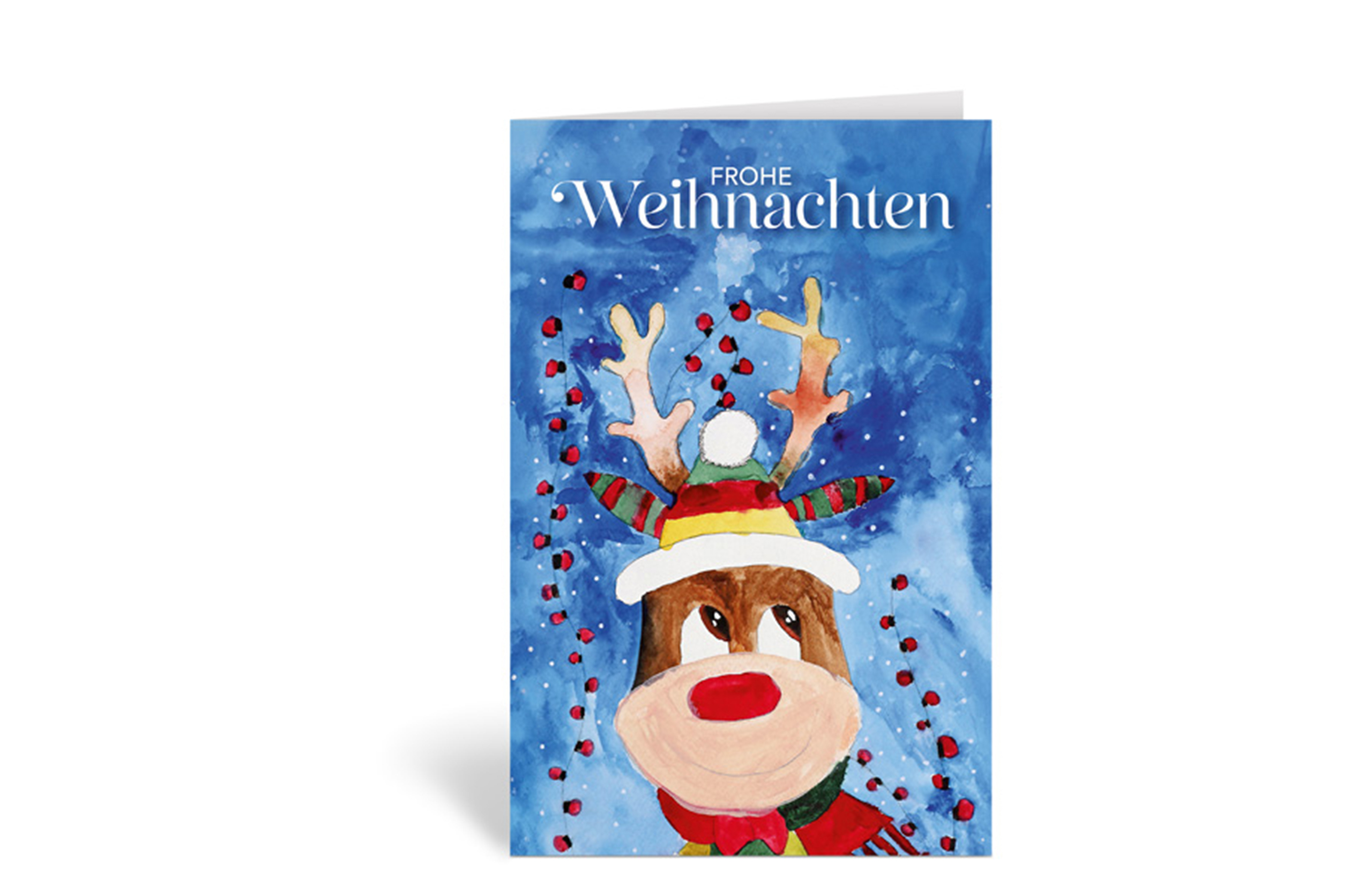 Weihnachtskarte mit einem gemalten Rudolf, der eine Lichterkette zwischen dem Geweih hat, Text: Frohe Weihnachten
